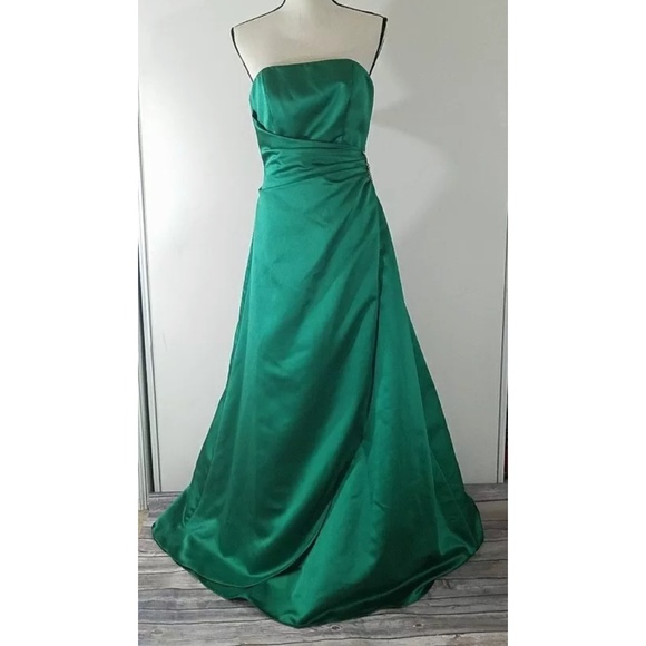 green satin strapless dress